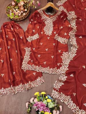 Women embroidered orange kurta with palazzo & dupatta set 4