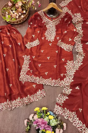 Women embroidered orange kurta with palazzo & dupatta set