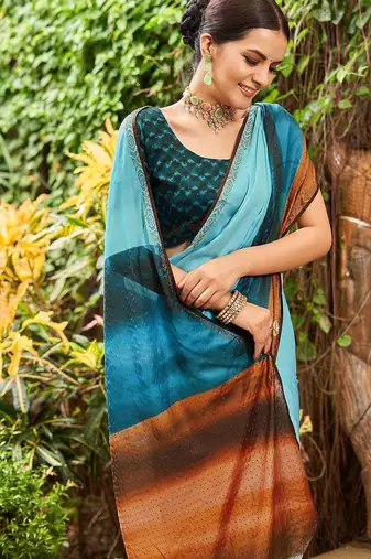 blue colourblocked sequinned saree