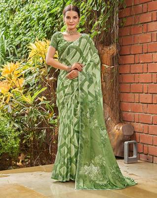 green geometric printed beads and stones pure georgette saree 1