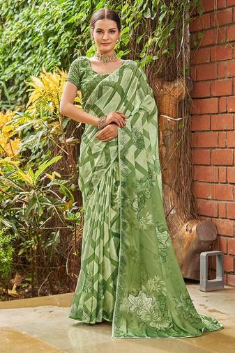 green geometric printed beads and stones pure georgette saree