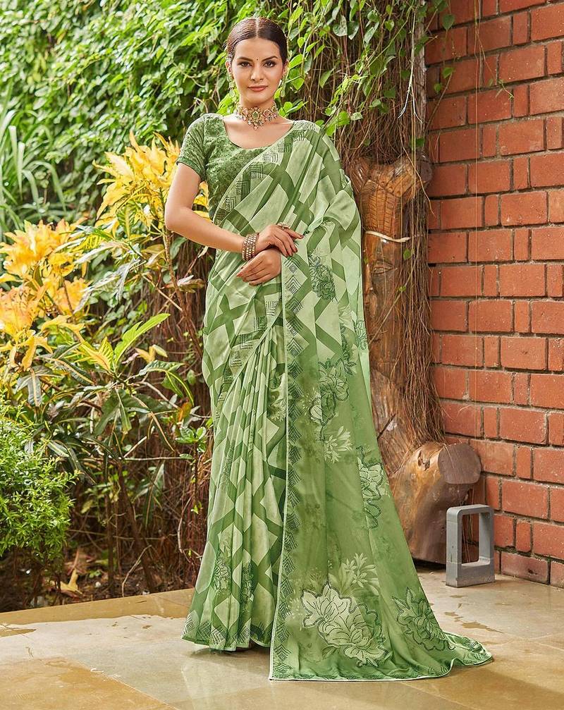 green geometric printed beads and stones pure georgette saree