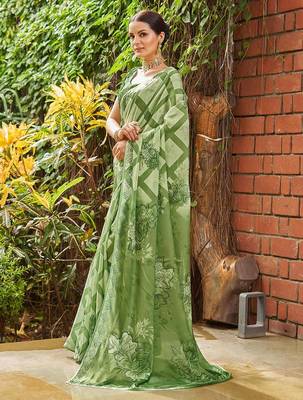 green geometric printed beads and stones pure georgette saree 2
