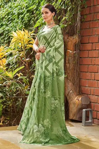 green geometric printed beads and stones pure georgette saree