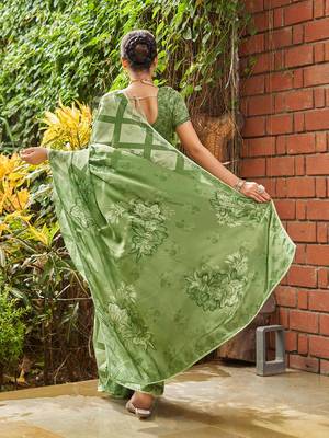 green geometric printed beads and stones pure georgette saree 3