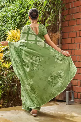 green geometric printed beads and stones pure georgette saree
