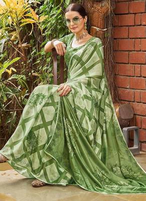 green geometric printed beads and stones pure georgette saree 4