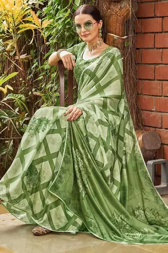 green geometric printed beads and stones pure georgette saree