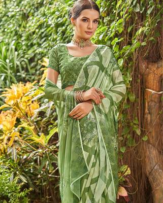 green geometric printed beads and stones pure georgette saree 5