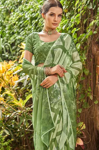 green geometric printed beads and stones pure georgette saree