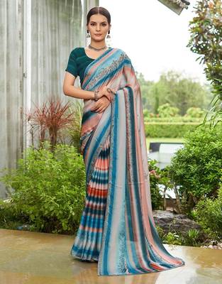 teal lehariya sequinned embellished pure georgette saree 1