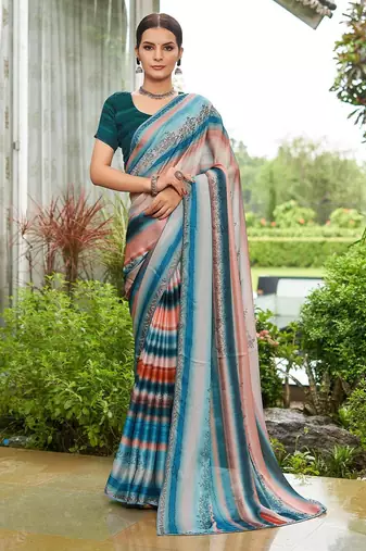 teal lehariya sequinned embellished pure georgette saree