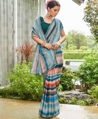 teal lehariya sequinned embellished pure georgette saree 2