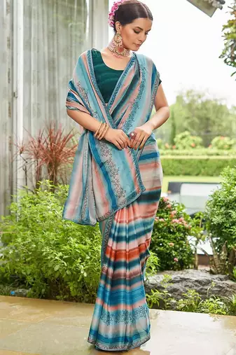teal lehariya sequinned embellished pure georgette saree