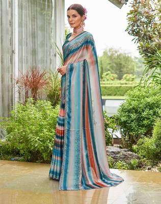 teal lehariya sequinned embellished pure georgette saree 3