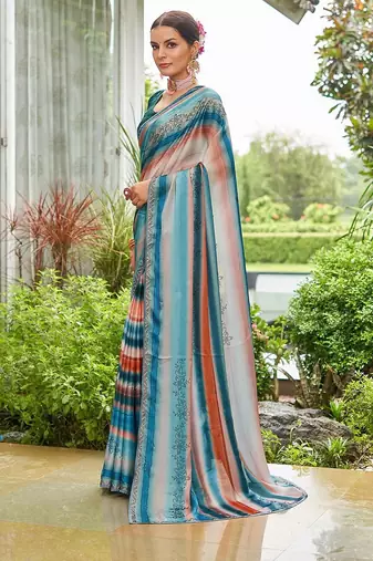teal lehariya sequinned embellished pure georgette saree