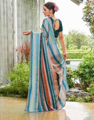 teal lehariya sequinned embellished pure georgette saree 4