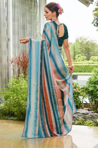 teal lehariya sequinned embellished pure georgette saree