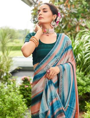 teal lehariya sequinned embellished pure georgette saree 5
