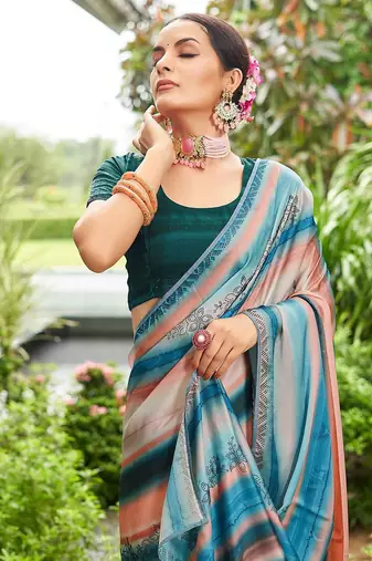 teal lehariya sequinned embellished pure georgette saree