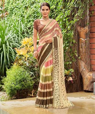 beige striped sequined pure georgette saree 1