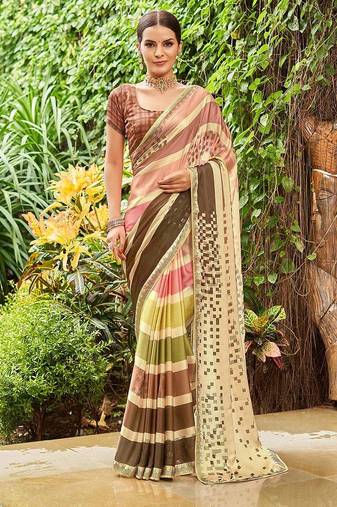 beige striped sequined pure georgette saree