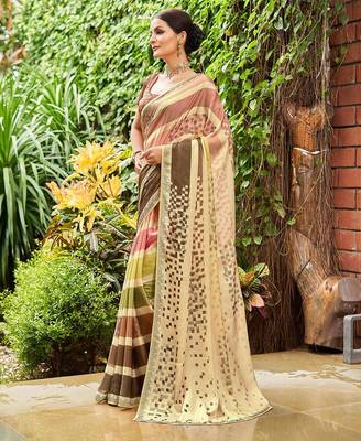 beige striped sequined pure georgette saree 2