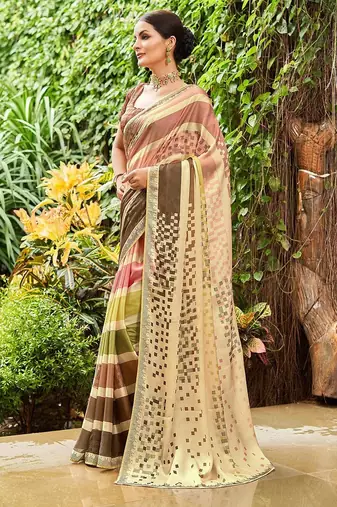 beige striped sequined pure georgette saree