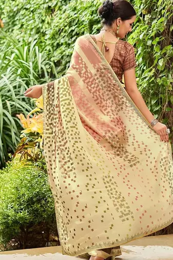 beige striped sequined pure georgette saree