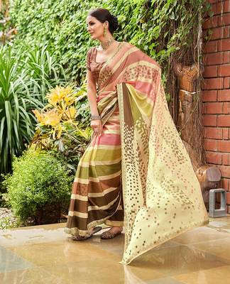 beige striped sequined pure georgette saree 4