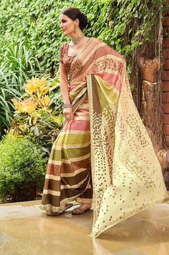 beige striped sequined pure georgette saree