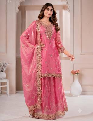 Women embroidered rani pink kurta with palazzo & dupatta set 1