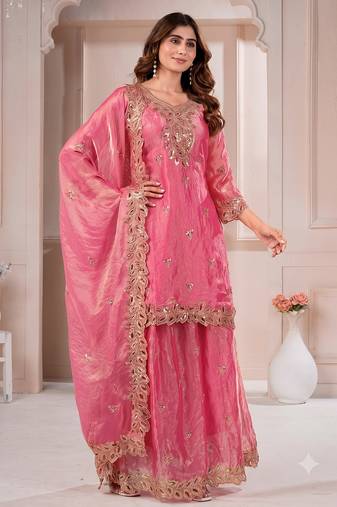 Women embroidered rani pink kurta with palazzo & dupatta set