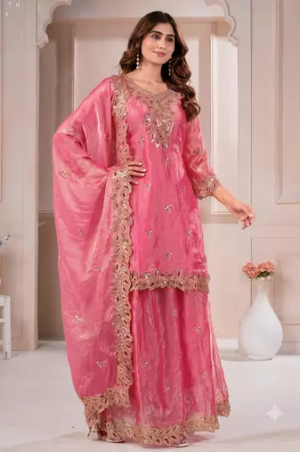 Women embroidered rani pink kurta with palazzo & dupatta set