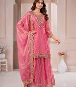 Women embroidered rani pink kurta with palazzo & dupatta set