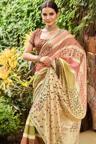 beige striped sequined pure georgette saree