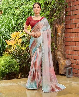 blue geometric printed beads and stones pure georgette saree 1