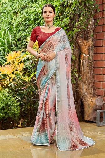 blue geometric printed beads and stones pure georgette saree