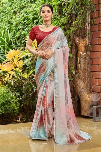 blue geometric printed beads and stones pure georgette saree