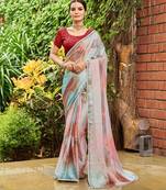 blue geometric printed beads and stones pure georgette saree