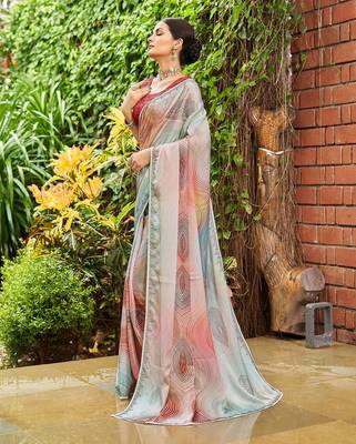 blue geometric printed beads and stones pure georgette saree 2