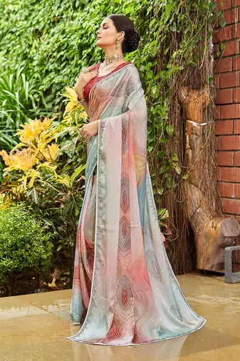blue geometric printed beads and stones pure georgette saree