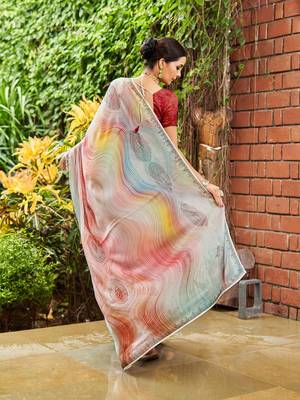 blue geometric printed beads and stones pure georgette saree 3