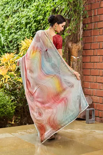 blue geometric printed beads and stones pure georgette saree