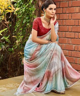 blue geometric printed beads and stones pure georgette saree 4