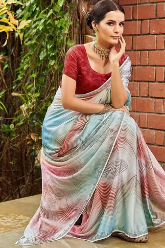 blue geometric printed beads and stones pure georgette saree