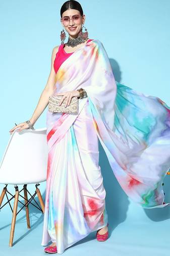white white & blue printed satin saree
