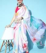 white white & blue printed satin saree