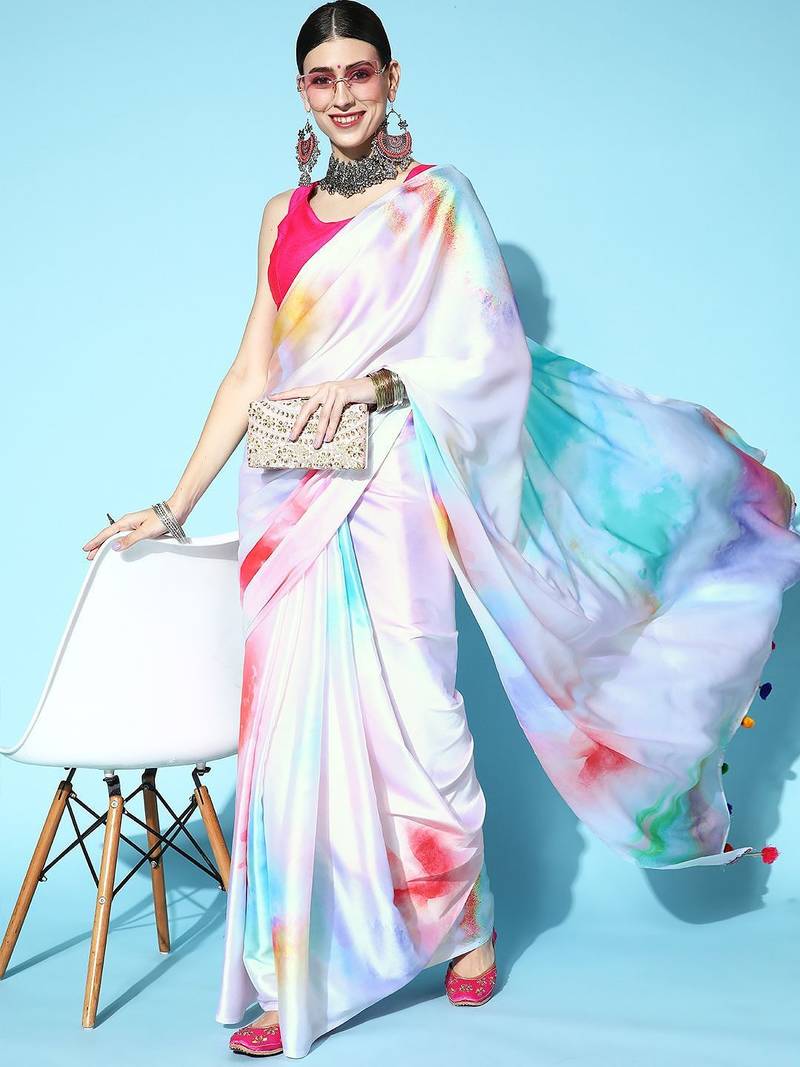 white white & blue printed satin saree