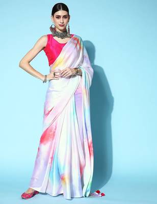 white white & blue printed satin saree 2